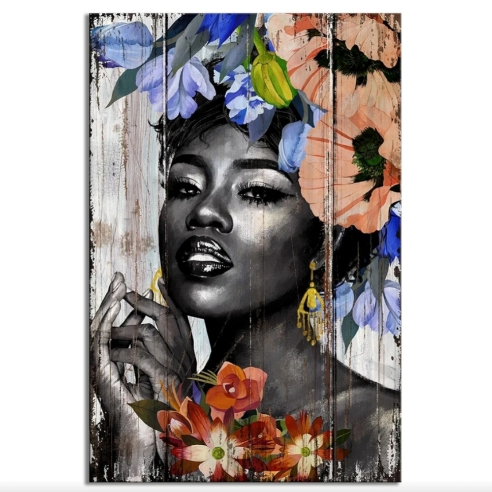 Yeawin African American Wall Art Black Girl Black Woman with Flower Canvas Wall